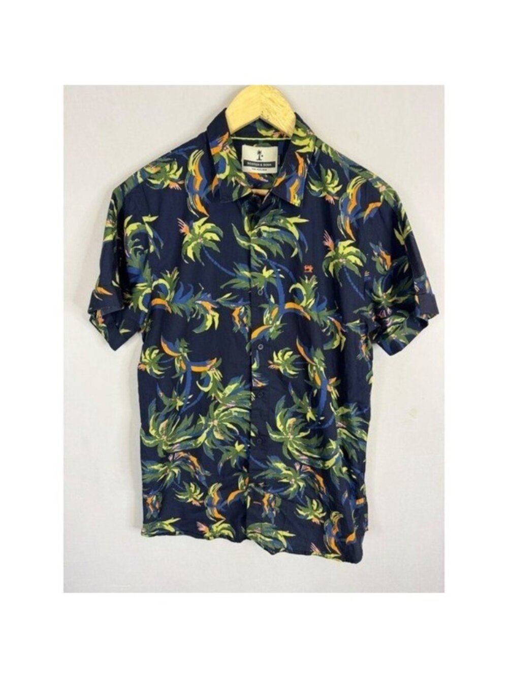 Scotch & Soda The Poolside Mens M Tropical Palm Tree Print Shirt Navy Blue